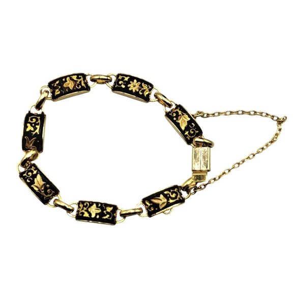 Vintage Jewelry - Vintage Damascene Bracelet Panel Links Leaves and Vines Design Safety Chain Cost